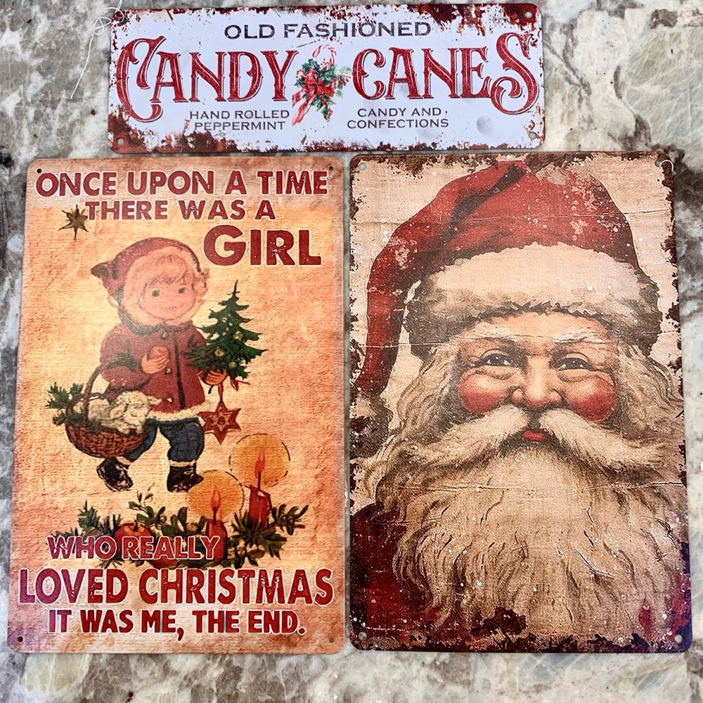 Vintage Christmas Tin Signs Set